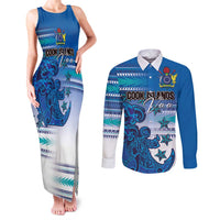 Personalised Cook Islands Va'a Race Couples Matching Tank Maxi Dress and Long Sleeve Button Shirt Te Tatau Tattoos Sporty Style Light Blue Color LT03 Blue - Polynesian Pride
