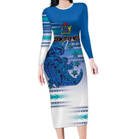 Personalised Cook Islands Va'a Race Family Matching Long Sleeve Bodycon Dress and Hawaiian Shirt Te Tatau Tattoos Sporty Style Light Blue Color LT03 Mom's Dress Blue - Polynesian Pride