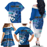 Personalised Cook Islands Va'a Race Family Matching Off The Shoulder Long Sleeve Dress and Hawaiian Shirt Te Tatau Tattoos Sporty Style Light Blue Color LT03 - Polynesian Pride