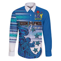 Personalised Cook Islands Va'a Race Family Matching Off Shoulder Maxi Dress and Hawaiian Shirt Te Tatau Tattoos Sporty Style Light Blue Color LT03 Dad's Shirt - Long Sleeve Blue - Polynesian Pride