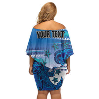 Personalised Cook Islands Va'a Race Family Matching Off Shoulder Short Dress and Hawaiian Shirt Te Tatau Tattoos Sporty Style Light Blue Color LT03 - Polynesian Pride