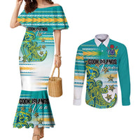 Personalised Cook Islands Va'a Race Couples Matching Mermaid Dress and Long Sleeve Button Shirt Te Tatau Tattoos Sporty Style Turquoise Color LT03 Turquoise - Polynesian Pride