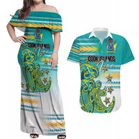 Personalised Cook Islands Va'a Race Couples Matching Off Shoulder Maxi Dress and Hawaiian Shirt Te Tatau Tattoos Sporty Style Turquoise Color LT03 Turquoise - Polynesian Pride