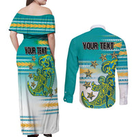 Personalised Cook Islands Va'a Race Couples Matching Off Shoulder Maxi Dress and Long Sleeve Button Shirt Te Tatau Tattoos Sporty Style Turquoise Color LT03 - Polynesian Pride
