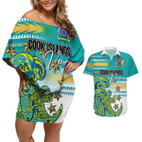 Personalised Cook Islands Va'a Race Couples Matching Off Shoulder Short Dress and Hawaiian Shirt Te Tatau Tattoos Sporty Style Turquoise Color LT03 Turquoise - Polynesian Pride