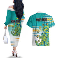 Personalised Cook Islands Va'a Race Couples Matching Off The Shoulder Long Sleeve Dress and Hawaiian Shirt Te Tatau Tattoos Sporty Style Turquoise Color LT03 - Polynesian Pride
