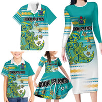 Personalised Cook Islands Va'a Race Family Matching Long Sleeve Bodycon Dress and Hawaiian Shirt Te Tatau Tattoos Sporty Style Turquoise Color LT03 - Polynesian Pride