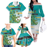 Personalised Cook Islands Va'a Race Family Matching Off The Shoulder Long Sleeve Dress and Hawaiian Shirt Te Tatau Tattoos Sporty Style Turquoise Color LT03 - Polynesian Pride