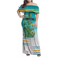 Personalised Cook Islands Va'a Race Family Matching Off Shoulder Maxi Dress and Hawaiian Shirt Te Tatau Tattoos Sporty Style Turquoise Color LT03 Mom's Dress Turquoise - Polynesian Pride