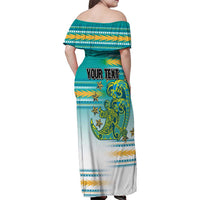 Personalised Cook Islands Va'a Race Family Matching Off Shoulder Maxi Dress and Hawaiian Shirt Te Tatau Tattoos Sporty Style Turquoise Color LT03 - Polynesian Pride