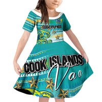 Personalised Cook Islands Va'a Race Family Matching Off Shoulder Short Dress and Hawaiian Shirt Te Tatau Tattoos Sporty Style Turquoise Color LT03 Daughter's Dress Turquoise - Polynesian Pride