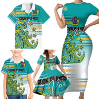 Personalised Cook Islands Va'a Race Family Matching Short Sleeve Bodycon Dress and Hawaiian Shirt Te Tatau Tattoos Sporty Style Turquoise Color LT03 - Polynesian Pride