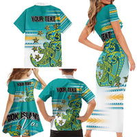 Personalised Cook Islands Va'a Race Family Matching Short Sleeve Bodycon Dress and Hawaiian Shirt Te Tatau Tattoos Sporty Style Turquoise Color LT03 - Polynesian Pride