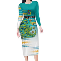 Personalised Cook Islands Va'a Race Long Sleeve Bodycon Dress Te Tatau Tattoos Sporty Style Turquoise Color LT03 Long Dress Turquoise - Polynesian Pride