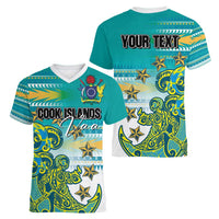 Personalised Cook Islands Va'a Race Women V-Neck T-Shirt Te Tatau Tattoos Sporty Style Turquoise Color LT03 - Polynesian Pride