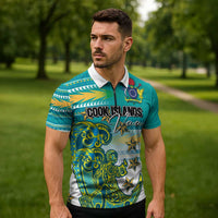 Personalised Cook Islands Va'a Race Zipper Polo Shirt Te Tatau Tattoos Sporty Style Turquoise Color LT03 - Polynesian Pride