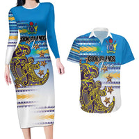 Personalised Cook Islands Va'a Race Couples Matching Long Sleeve Bodycon Dress and Hawaiian Shirt Te Tatau Tattoos Sporty Style Glory Blue Color LT03 Blue - Polynesian Pride