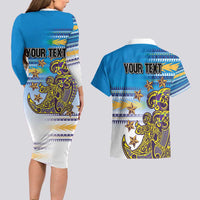 Personalised Cook Islands Va'a Race Couples Matching Long Sleeve Bodycon Dress and Hawaiian Shirt Te Tatau Tattoos Sporty Style Glory Blue Color LT03 - Polynesian Pride