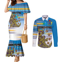 Personalised Cook Islands Va'a Race Couples Matching Mermaid Dress and Long Sleeve Button Shirt Te Tatau Tattoos Sporty Style Glory Blue Color LT03 Blue - Polynesian Pride