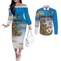 Personalised Cook Islands Va'a Race Couples Matching Off The Shoulder Long Sleeve Dress and Long Sleeve Button Shirt Te Tatau Tattoos Sporty Style Glory Blue Color LT03 Blue - Polynesian Pride