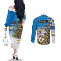 Personalised Cook Islands Va'a Race Couples Matching Off The Shoulder Long Sleeve Dress and Long Sleeve Button Shirt Te Tatau Tattoos Sporty Style Glory Blue Color LT03 - Polynesian Pride