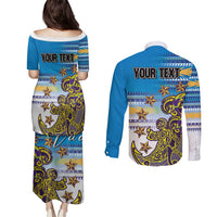 Personalised Cook Islands Va'a Race Couples Matching Puletasi and Long Sleeve Button Shirt Te Tatau Tattoos Sporty Style Glory Blue Color - Polynesian Pride