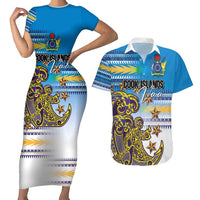 Personalised Cook Islands Va'a Race Couples Matching Short Sleeve Bodycon Dress and Hawaiian Shirt Te Tatau Tattoos Sporty Style Glory Blue Color LT03 Blue - Polynesian Pride