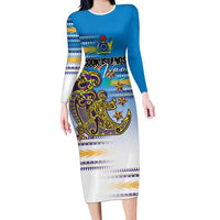Personalised Cook Islands Va'a Race Family Matching Long Sleeve Bodycon Dress and Hawaiian Shirt Te Tatau Tattoos Sporty Style Glory Blue Color LT03 Mom's Dress Blue - Polynesian Pride
