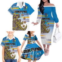 Personalised Cook Islands Va'a Race Family Matching Off The Shoulder Long Sleeve Dress and Hawaiian Shirt Te Tatau Tattoos Sporty Style Glory Blue Color LT03 - Polynesian Pride