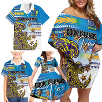 Personalised Cook Islands Va'a Race Family Matching Off Shoulder Short Dress and Hawaiian Shirt Te Tatau Tattoos Sporty Style Glory Blue Color LT03 - Polynesian Pride
