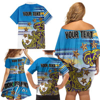 Personalised Cook Islands Va'a Race Family Matching Off Shoulder Short Dress and Hawaiian Shirt Te Tatau Tattoos Sporty Style Glory Blue Color LT03 - Polynesian Pride