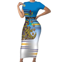 Personalised Cook Islands Va'a Race Family Matching Short Sleeve Bodycon Dress and Hawaiian Shirt Te Tatau Tattoos Sporty Style Glory Blue Color LT03 Mom's Dress Blue - Polynesian Pride