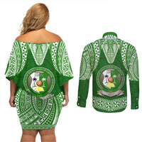Tonga Liahona High School Couples Matching Off Shoulder Short Dress and Long Sleeve Button Shirt Traditional Ngatu and Polynesian Pattern LT03 - Polynesian Pride