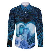 Dolphin Couple Love Story Valentine Day Family Matching Off Shoulder Maxi Dress and Hawaiian Shirt With Polynesian Tribal Tattoo Blue Style LT03 Dad's Shirt - Long Sleeve Blue - Polynesian Pride