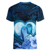 Dolphin Couple Love Story Valentine Day Women V Neck T Shirt With Polynesian Tribal Tattoo Blue Style LT03 - Polynesian Pride