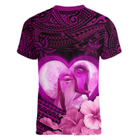 Dolphin Couple Love Story Valentine Day Women V Neck T Shirt With Polynesian Tribal Tattoo Pink Style LT03 - Polynesian Pride