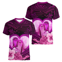 Dolphin Couple Love Story Valentine Day Women V Neck T Shirt With Polynesian Tribal Tattoo Pink Style LT03 - Polynesian Pride