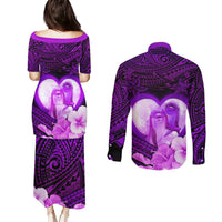Dolphin Couple Love Story Valentine Day Couples Matching Puletasi and Long Sleeve Button Shirt With Polynesian Tribal Tattoo Purple Style LT03 - Polynesian Pride