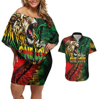 Aotearoa One Love Couples Matching Off Shoulder Short Dress and Hawaiian Shirt Reggae Lion with Kakahu Huruhuru