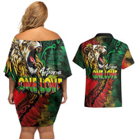 Aotearoa One Love Couples Matching Off Shoulder Short Dress and Hawaiian Shirt Reggae Lion with Kakahu Huruhuru