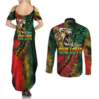 Aotearoa One Love Couples Matching Summer Maxi Dress and Long Sleeve Button Shirt Reggae Lion with Kakahu Huruhuru