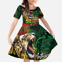 Aotearoa One Love Family Matching Tank Maxi Dress and Hawaiian Shirt Reggae Lion with Kakahu Huruhuru LT03 Daughter's Dress Black - Polynesian Pride