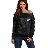 Custom Aotearoa Rugby Off Shoulder Sweater Fern Blacks-Traditional Maori Motifs Design