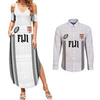 Fiji Rugby Warriors Couples Matching Summer Maxi Dress and Long Sleeve Button Shirt Masi Tribal Pattern Go Champion 2024