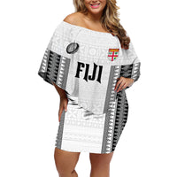 Fiji Rugby Warriors Family Matching Off Shoulder Short Dress and Hawaiian Shirt Masi Tribal Pattern Go Champion 2024 LT03 Mom's Dress White - Polynesian Pride