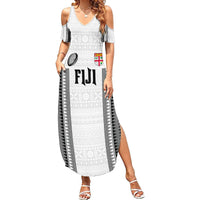 Fiji Rugby Warriors Family Matching Summer Maxi Dress and Hawaiian Shirt Masi Tribal Pattern Go Champion 2024 LT03 Mom's Dress White - Polynesian Pride