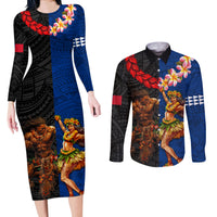 Hawaii and Samoa Together Couples Matching Long Sleeve Bodycon Dress and Long Sleeve Button Shirt Samoan Warrior and Beauty Hula Girl LT03 Black - Polynesian Pride