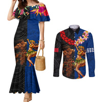 Hawaii and Samoa Together Couples Matching Mermaid Dress and Long Sleeve Button Shirt Samoan Warrior and Beauty Hula Girl LT03 Black - Polynesian Pride