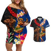 Hawaii and Samoa Together Couples Matching Off Shoulder Short Dress and Hawaiian Shirt Samoan Warrior and Beauty Hula Girl LT03 Black - Polynesian Pride