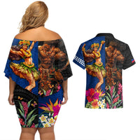 Hawaii and Samoa Together Couples Matching Off Shoulder Short Dress and Hawaiian Shirt Samoan Warrior and Beauty Hula Girl LT03 - Polynesian Pride